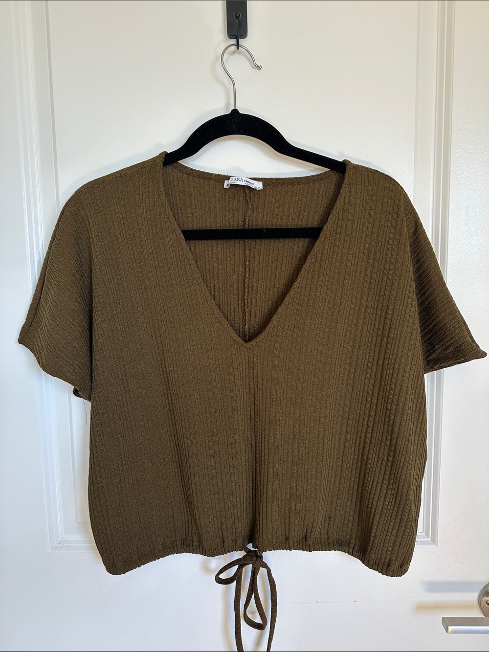 Zara Olive Ribbed V-Neck Crop Top with Drawstring